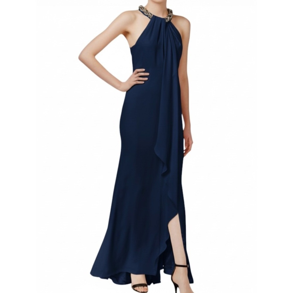 CALVIN KLEIN Grecian Shift Dress NAVY BLUE Cocktail DRAPED CHIFFON Beaded Neck 0